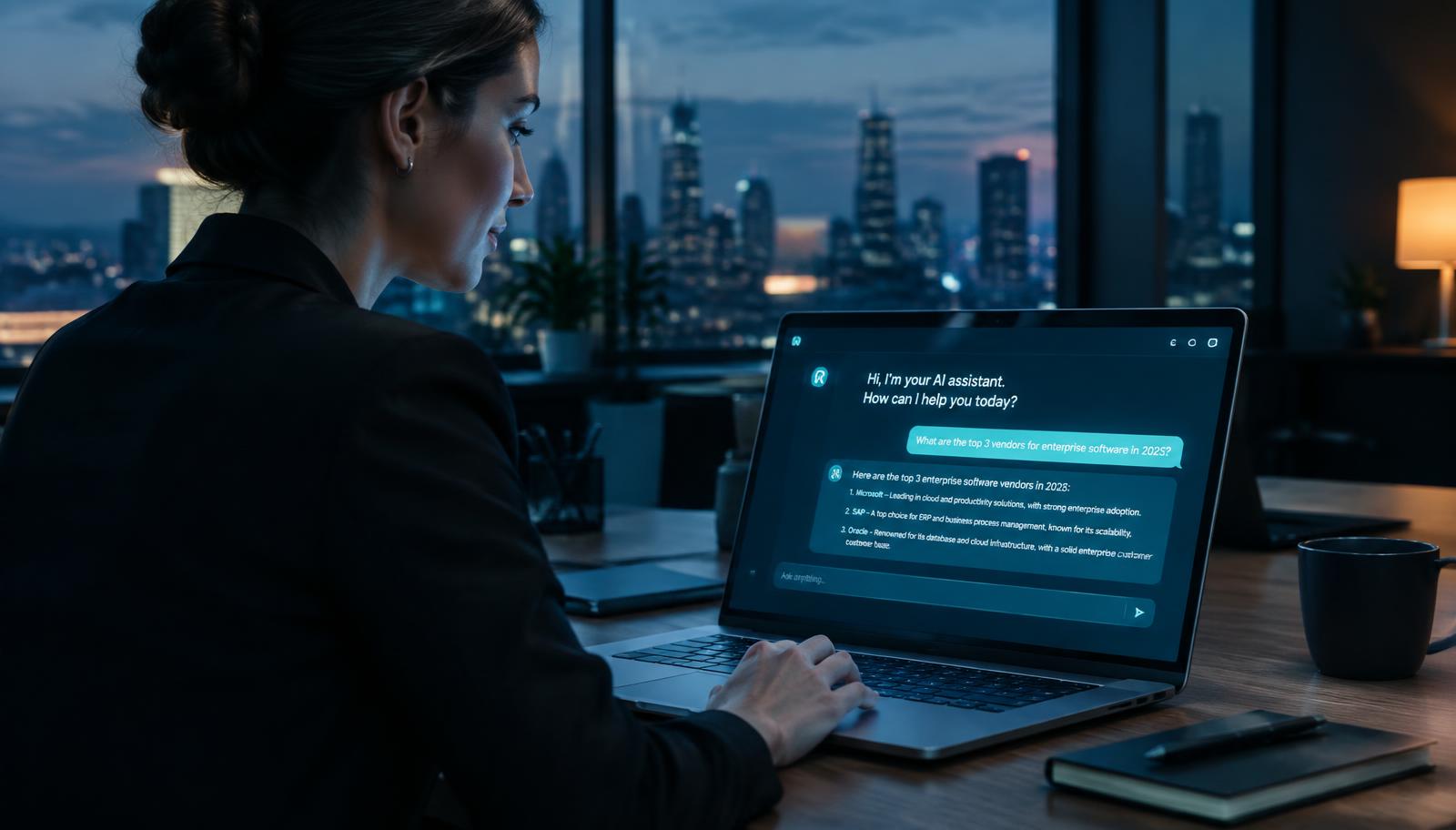 A buyer asking an AI assistant on her laptop